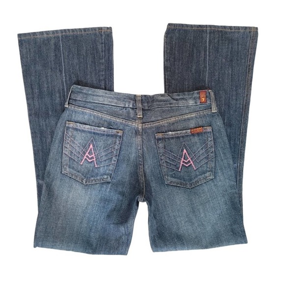 Y2K VTG 7 FOR ALL MANKIND A POCKET PINK STITCH FLARE JEANS SZ. 29" EUC - Picture 3 of 5